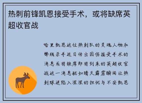 热刺前锋凯恩接受手术，或将缺席英超收官战