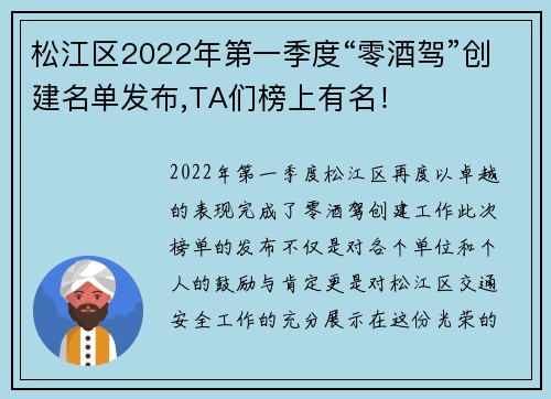 松江区2022年第一季度“零酒驾”创建名单发布,TA们榜上有名！