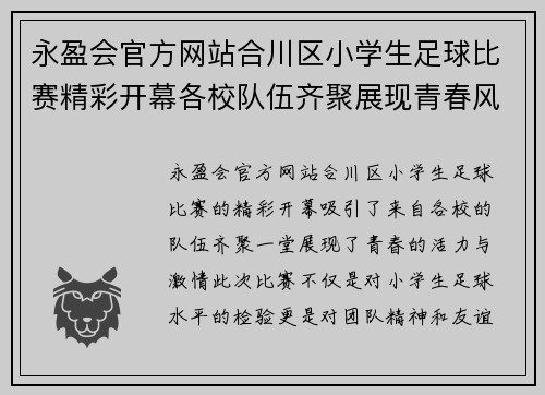 永盈会官方网站合川区小学生足球比赛精彩开幕各校队伍齐聚展现青春风采
